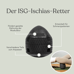 Ein schwarzes, eiförmiges Massagegerät "Dein Komplett-Paket" von Liebscher & Bracht mit deutscher Beschriftung; ein Einsatz zeigt die Anwendung unter der Hüfte und hebt Muskeldehnung, Verstellbarkeit und Schmerztherapie hervor.