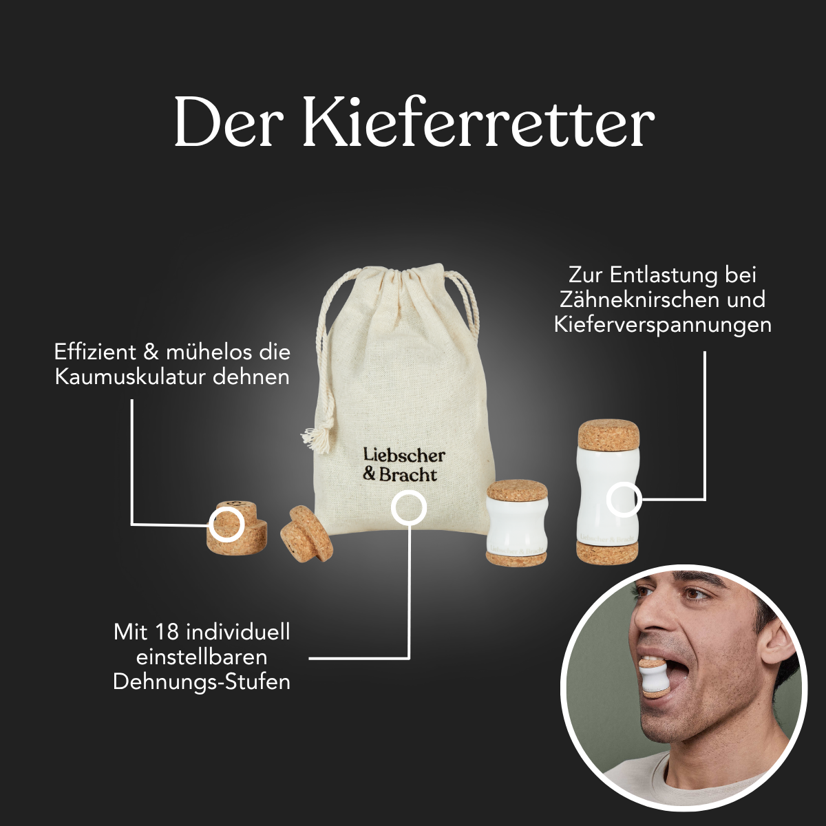 Eine beigefarbene Stofftasche mit der Aufschrift Liebscher & Bracht ist mit drei weißen und korkfarbenen Werkzeugen aus dem Dein Komplett-Paket zur Dehnung der Kiefermuskulatur und zur Entlastung des Zähneknirschens abgebildet. Inset: ein Mann benutzt ein Werkzeug in seinem Mund.
