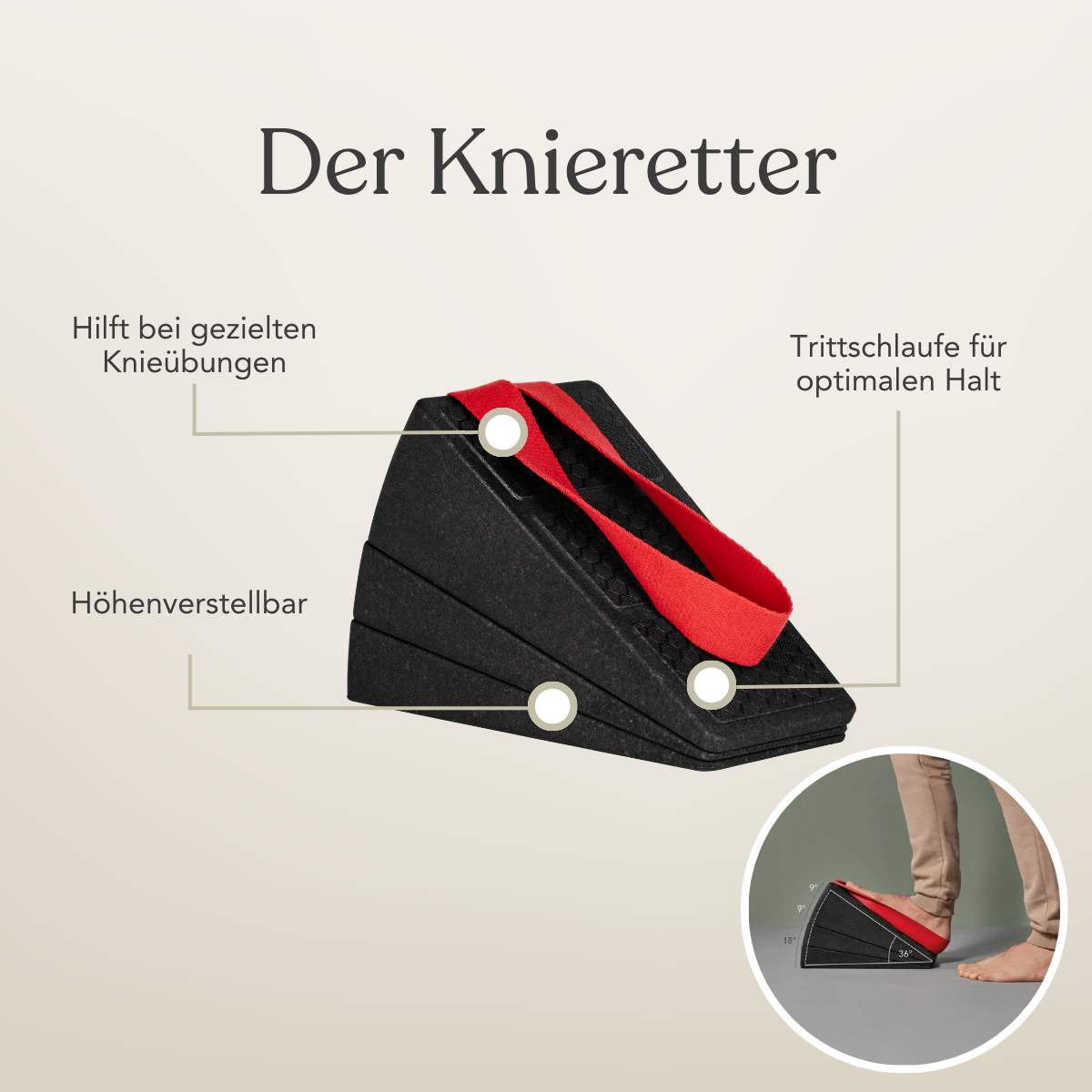 Das Dein Komplett-Paket von Liebscher & Bracht ist eine schwarze, keilförmige, höhenverstellbare Kniebandage mit rotem Griff und griffiger Trittfläche, ideal für gezielte Knieübungen. Inset: Fußtritte auf der Bandage.