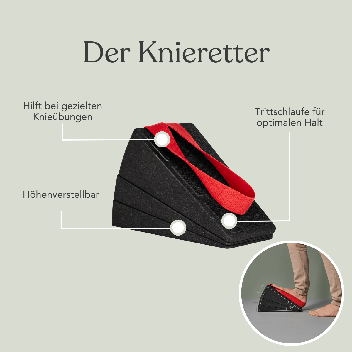 Das Liebscher & Bracht Dein Komplett-Paket zeigt eine schwarze, keilförmige Knietrainingshilfe mit rotem Griff, höhenverstellbarer, rutschfester Trittfläche und Unterstützung für gezielte Knieübungen. Der Ausschnitt zeigt die Nutzung mit einem Fuß.
