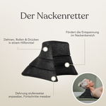 Eine Frau demonstriert das Liebscher & Bracht Dein Nacken-Rücken-Paket, ein schwarzer, keilförmiger Nackenstretcher mit drei verstellbaren Stufen, der den Nacken stützt und eine allmähliche Dehnung zur Entspannung ermöglicht.