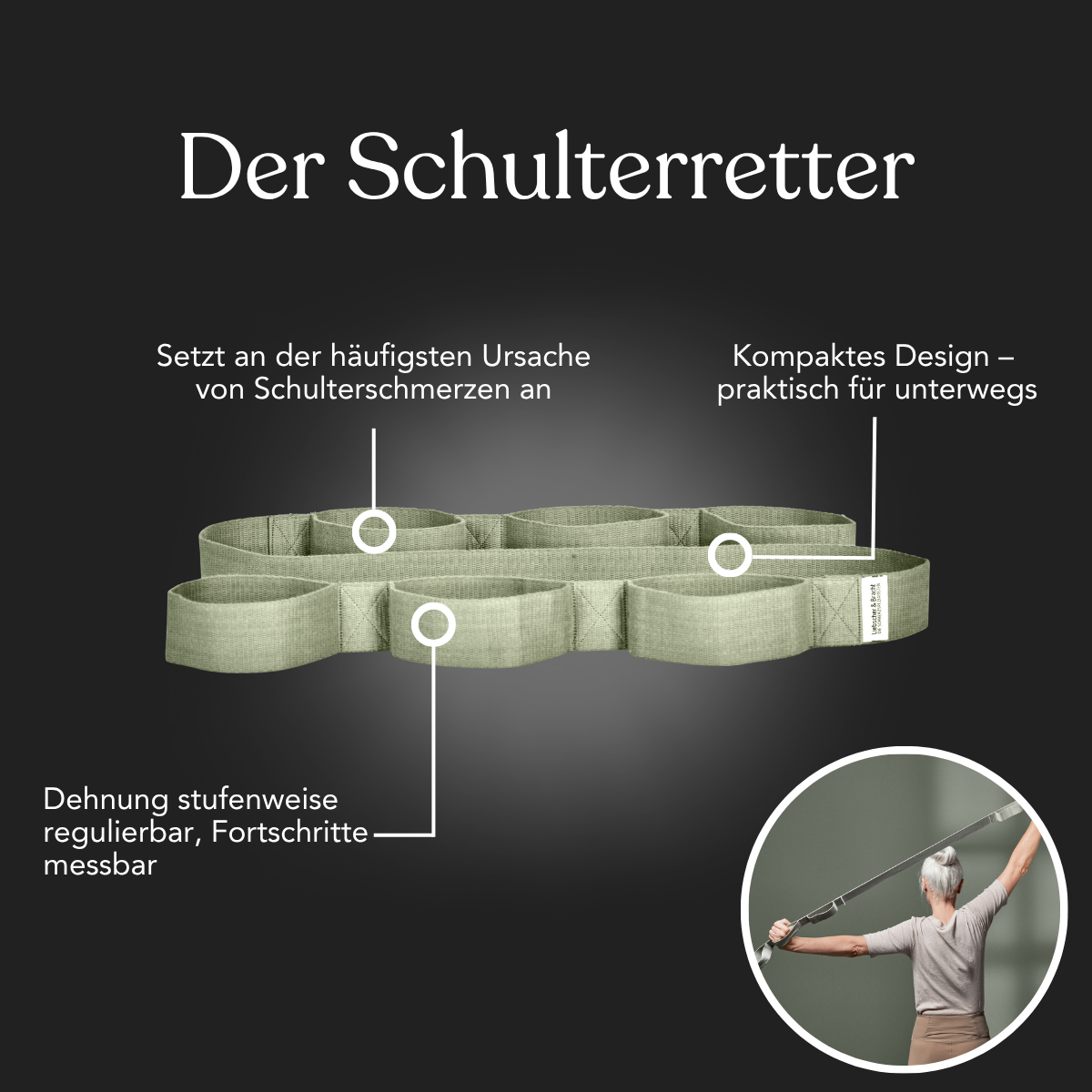 Grafik des grauen Schulterdehnungsbands "Dein Komplett-Paket" von Liebscher & Bracht mit Vorteilen: gezielte Hilfe bei Schulterschmerzen, kompaktes Design für unterwegs und stufenweise Dehnbarkeit. Unten rechts eine ältere Frau beim Dehnen.