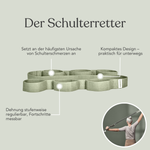 Abgebildet ist ein grünes Stretchingband mit Schlaufen, das mit "Dein Komplett-Paket" von Liebscher & Bracht beschriftet ist. Der Text hebt die einstellbare Spannung, das kompakte Design und die Verwendung bei Schulterschmerzen hervor. Eine Beilage zeigt eine Person, die den Gurt zum Strecken ihrer Arme verwendet.