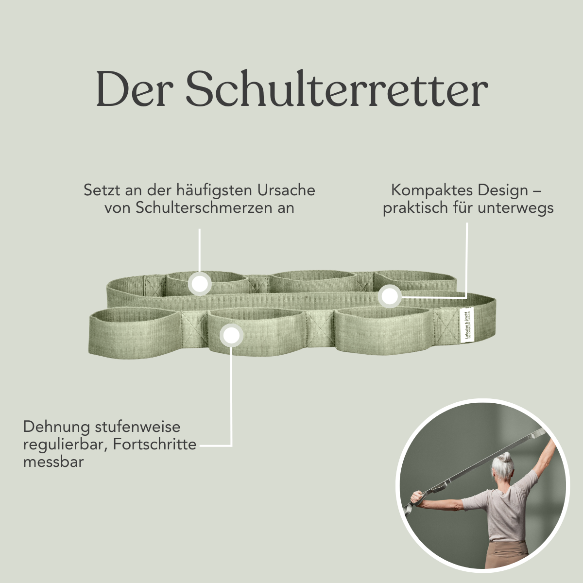 Abgebildet ist ein grünes Stretchingband mit Schlaufen, das mit "Dein Komplett-Paket" von Liebscher & Bracht beschriftet ist. Der Text hebt die einstellbare Spannung, das kompakte Design und die Verwendung bei Schulterschmerzen hervor. Eine Beilage zeigt eine Person, die den Gurt zum Strecken ihrer Arme verwendet.