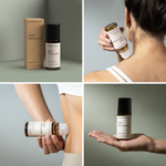 Eine Collage aus vier Bildern zeigt eine braune Flasche mit der Aufschrift Rückenretter + MSM-Wärmeroller Set von Liebscher & Bracht, die Produktverpackung, Menschen, die das Produkt auf ihren Rücken und ihre Seite auftragen, und die Flasche, die auf einer offenen Handfläche liegt.