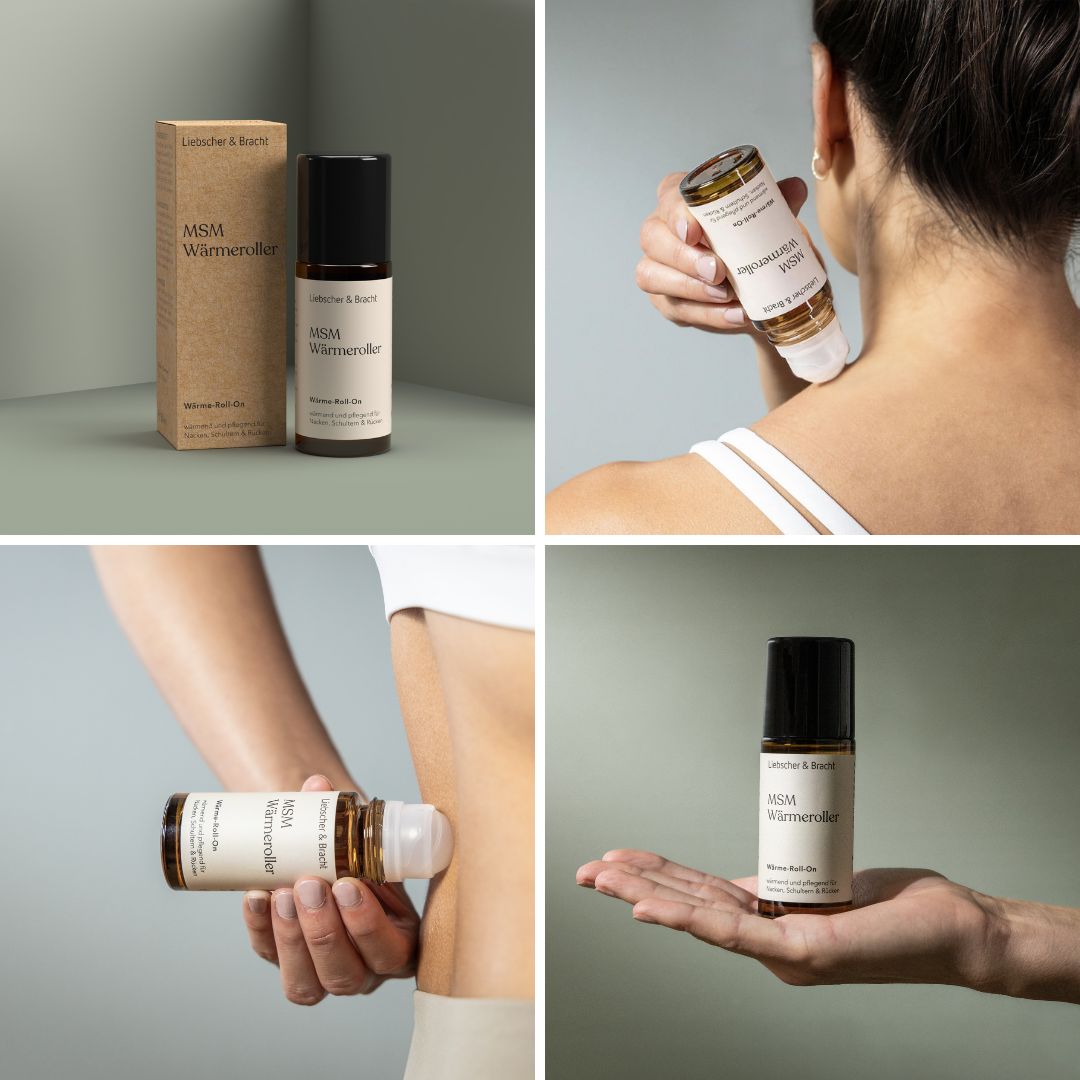 Eine Collage aus vier Bildern zeigt eine braune Flasche mit der Aufschrift Rückenretter + MSM-Wärmeroller Set von Liebscher & Bracht, die Produktverpackung, Menschen, die das Produkt auf ihren Rücken und ihre Seite auftragen, und die Flasche, die auf einer offenen Handfläche liegt.