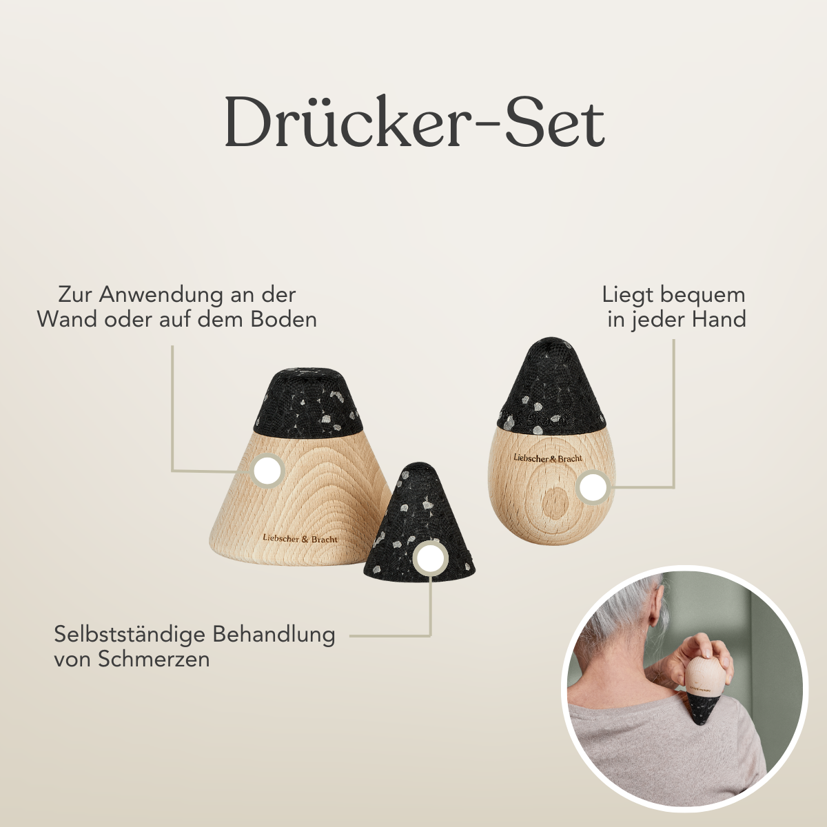 Zwei kegelförmige Holz-Massagegeräte aus dem Dein Komplett-Paket von Liebscher & Bracht mit schwarzer Spitze; Markierungen zeigen die Anwendung an Wand, Boden oder in der Hand; rechts unten nutzt eine Person das Gerät am Nacken.