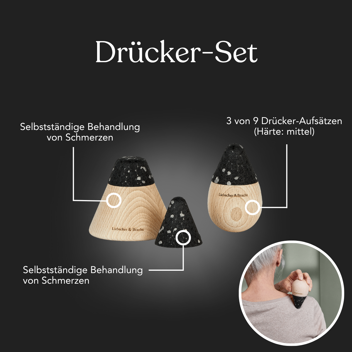 Das Liebscher & Bracht Dein Komplett-Paket enthält drei unterschiedlich große Holzaufsätze zur selbstständigen Schmerzbehandlung. Im Bild zeigt der Text die Anwendung; unten rechts nutzt eine Person das Set am oberen Rücken.