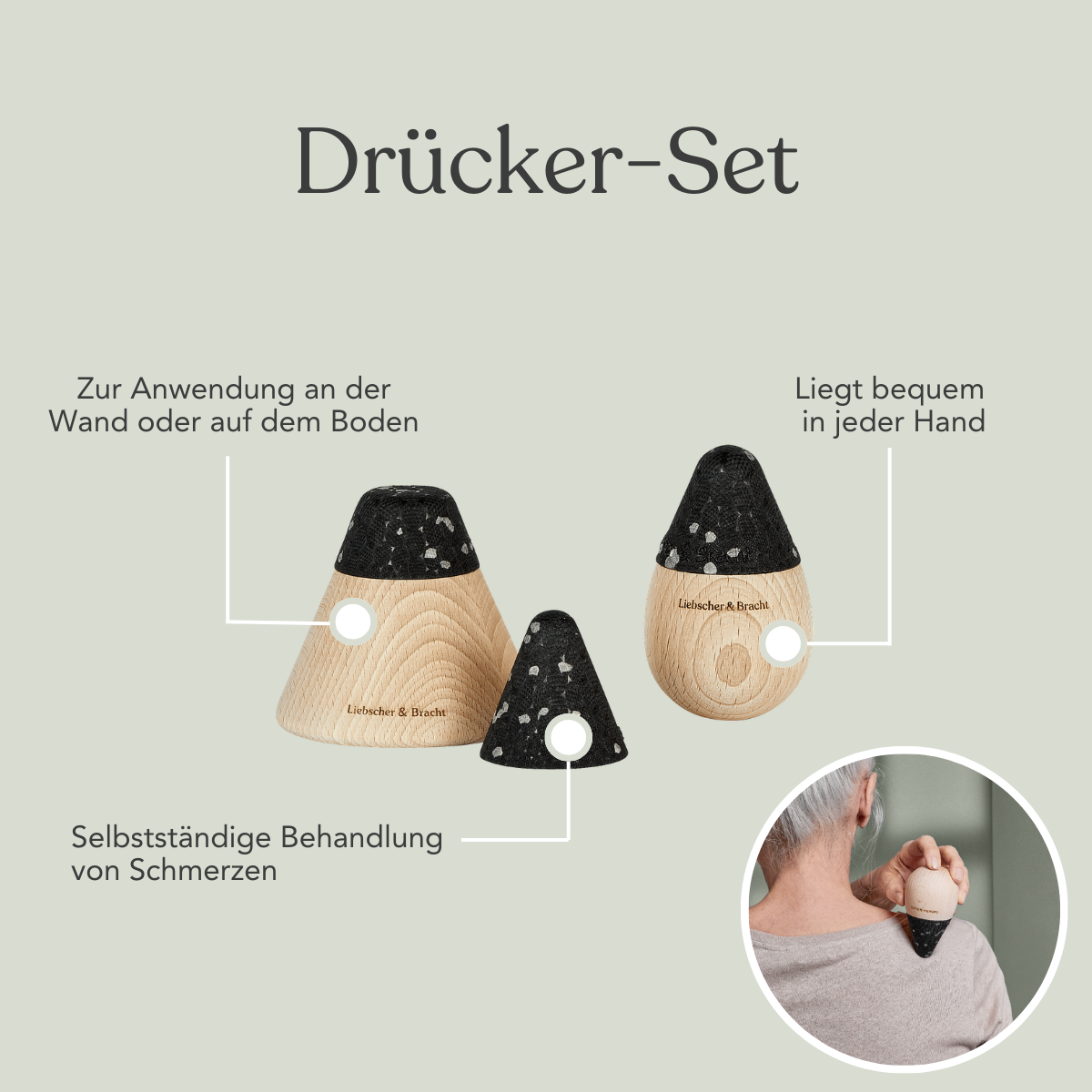 Dein Komplett-Paket von Liebscher & Bracht: Zwei kegelförmige Massagehilfen aus Holz und schwarzem Material - ideal zur gezielten Selbstmassage, z.B. an der Schulter.