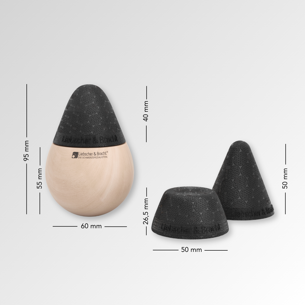 Das „Schmerzfrei“-Drücker-Set von Liebscher & Bracht umfasst drei Drücker-Aufsätze mit strukturierten Oberflächen in Holzoptik und Schwarz: einen 95 mm hohen sowie zwei Kegel mit jeweils 50 mm Breite und 50 mm Höhe, ideal für die Light-Osteopressur; die Maße sind in Millimetern angegeben.