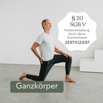 Ein Mann in Sportkleidung führt einen Ausfallschritt in einer Halle aus und unterstreicht damit die Bewegungskoordination. Text: "Funktionelles Beweglichkeitstraining für den ganzen Körper von Liebscher & Bracht - § 20 SGB V zertifiziert, erstattungsfähig.