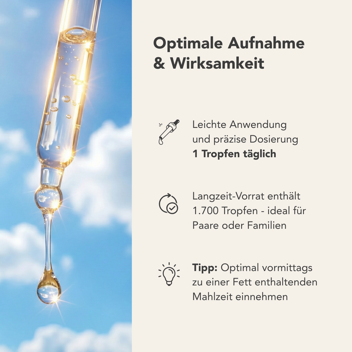 Links eine Pipette mit goldener Flüssigkeit vor blauem Himmel, rechts Text: Liebscher & Bracht Vitamin D3+K2VITAL® Tropfen - einfache Anwendung, nur 1 Tropfen täglich, 1700 Tropfen pro Flasche, am besten morgens zu fetthaltiger Mahlzeit einnehmen.