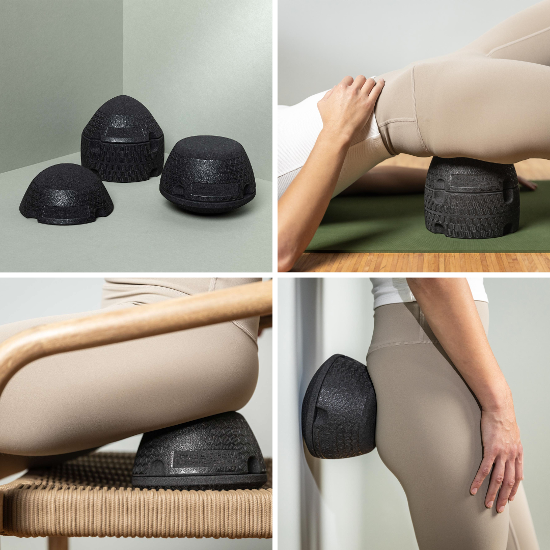 Eine Collage zeigt drei schwarze, strukturierte Schaumstoff-Massagekuppeln aus dem Liebscher & Bracht Dein ISG-Ischias-Paket mit einer Person, die sie im Sitzen und Liegen zur Muskelentspannung an Beinen, Hüfte und unterem Rücken einsetzt.