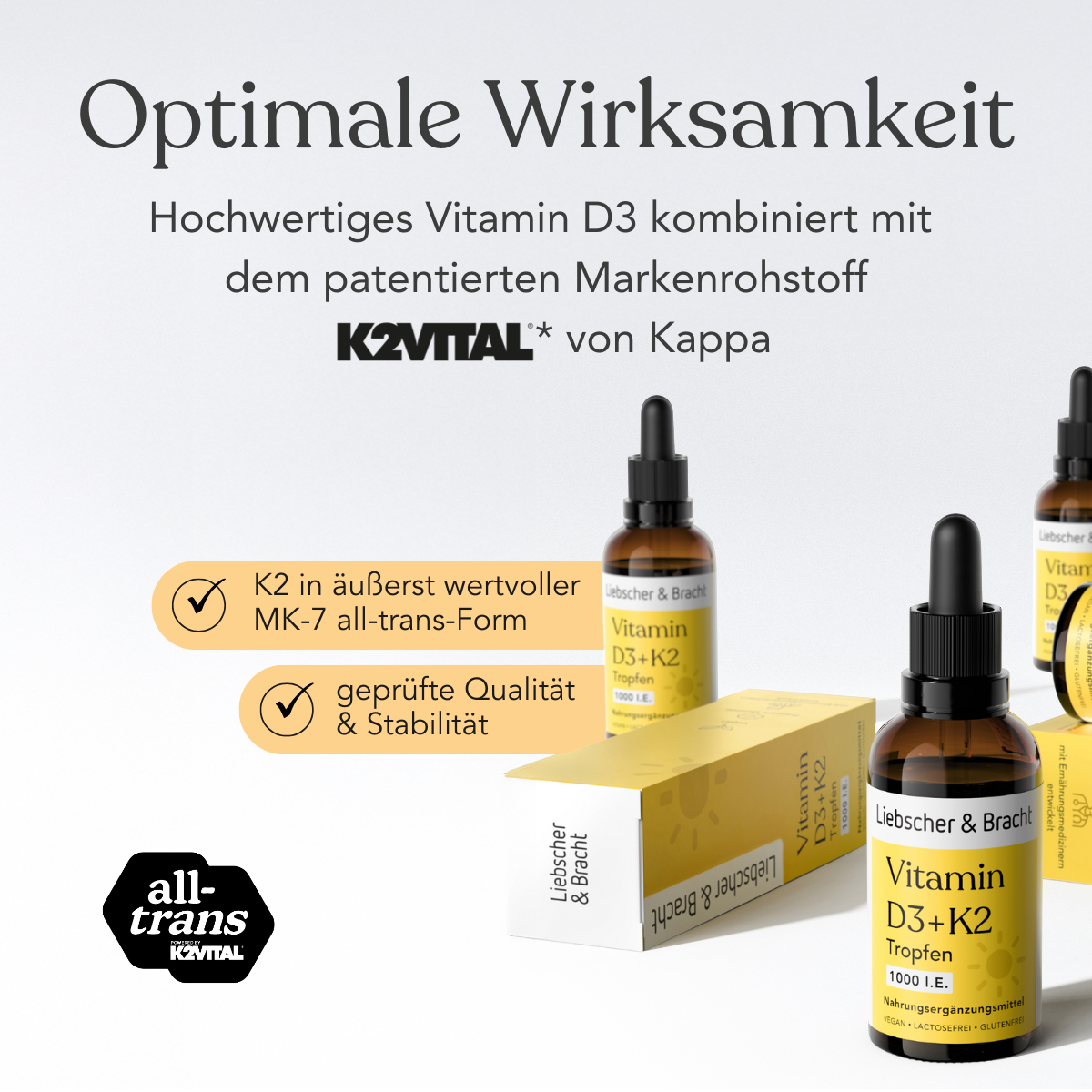 Ein Werbebild für Liebscher & Bracht Vitamin D3+K2VITAL® Tropfen zeigt Flaschen und Verpackungen und hebt die optimale Wirksamkeit, die Qualität und die Produktvorteile hervor und zeigt die Logos von K2VITAL® und all-trans.