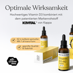 Ein Werbebild für Liebscher & Bracht Vitamin D3+K2VITAL® Tropfen zeigt Flaschen und Verpackungen und hebt die optimale Wirksamkeit, die Qualität und die Produktvorteile hervor und zeigt die Logos von K2VITAL® und all-trans.