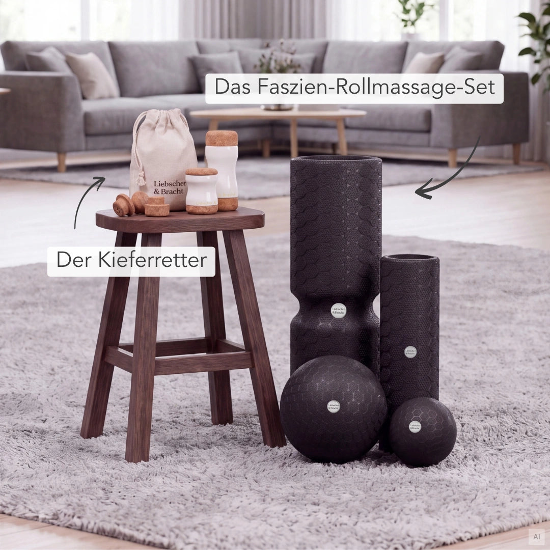 Das Dein Kiefer-Paket von Liebscher & Bracht, bestehend aus schwarzen Massagekugeln und Faszienrollen sowie einem Holzhocker, auf dem ein Stoffbeutel und kleine Holzwerkzeuge liegen.