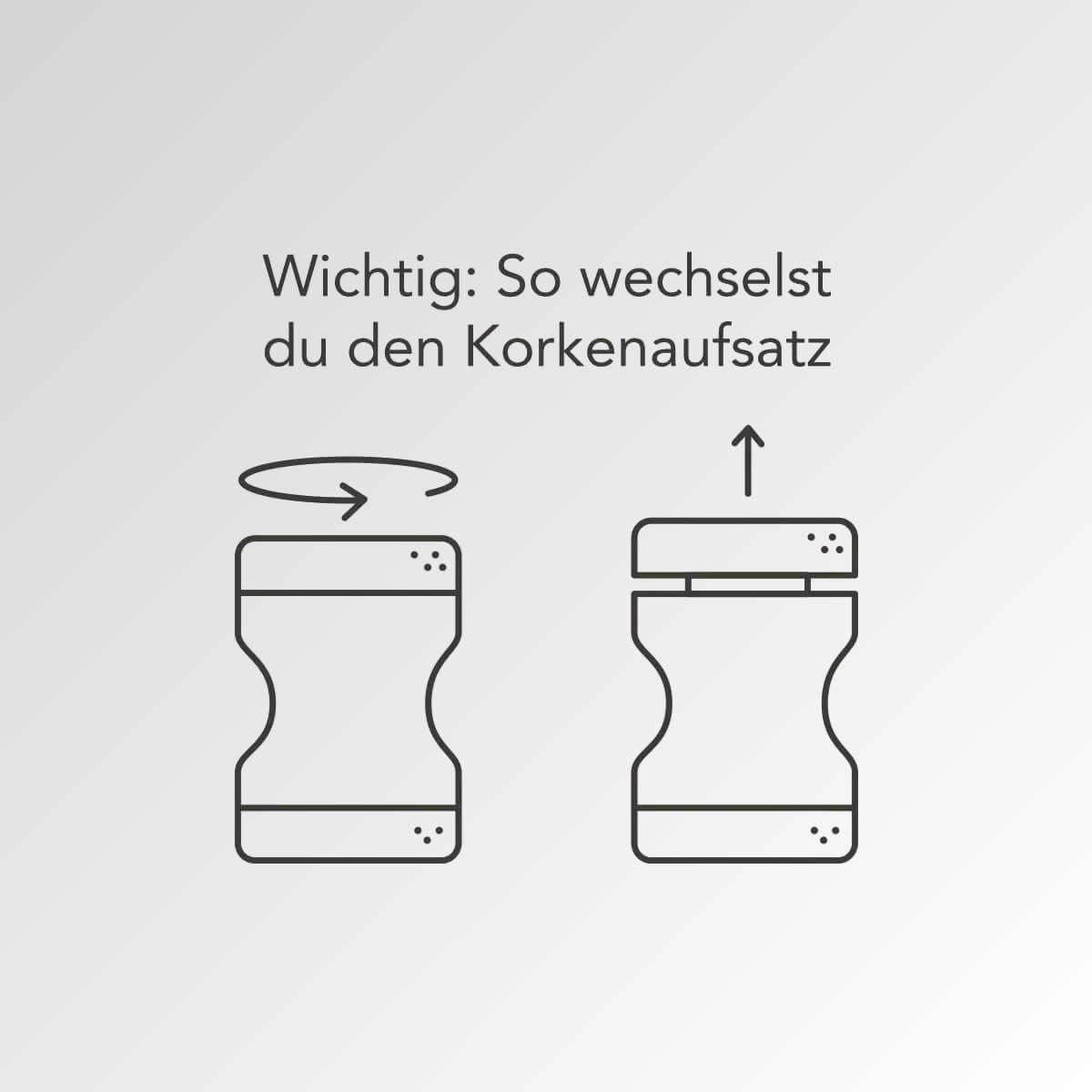 Zwei Strichzeichnungen zeigen, wie man den Korkaufsatz am „Kieferretter“ von Liebscher & Bracht wechselt: Zuerst dreht man den oberen Teil, dann zieht man ihn nach oben. Der deutsche Text darüber lautet: Wichtig: So wechselst du den Korkaufsatz bei Kieferschmerzen.