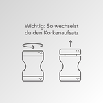 Zwei Strichzeichnungen zeigen, wie man den Korkaufsatz am „Kieferretter“ von Liebscher & Bracht wechselt: Zuerst dreht man den oberen Teil, dann zieht man ihn nach oben. Der deutsche Text darüber lautet: Wichtig: So wechselst du den Korkaufsatz bei Kieferschmerzen.