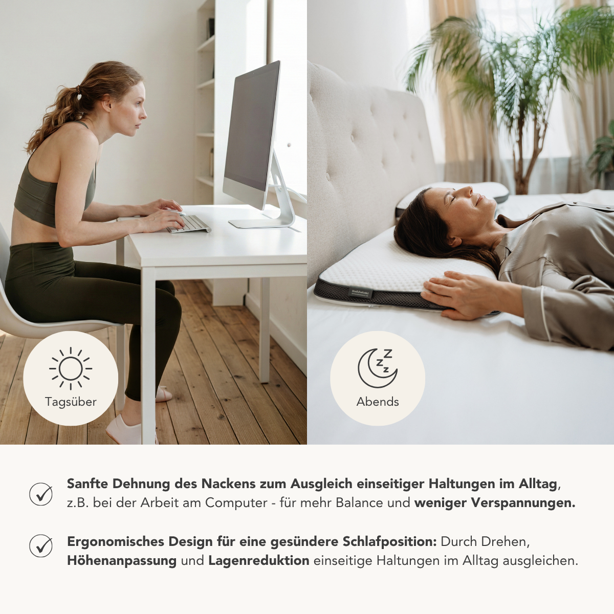Geteiltes Bild: Links: Eine Frau streckt ihren Nacken am Schreibtisch. Rechts: Eine Frau entspannt sich auf dem Rücken mit dem Liebscher & Bracht Kissen. Der deutsche Text hebt Dehnungen und ergonomische Schlafpositionen für eine bessere Gesundheit hervor.