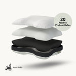 Die Explosionszeichnung des Liebscher & Bracht Kissens zeigt vier Schichten in Weiß, Grau und Schwarz. Inklusive 20-Nächte-Probe (deutsches Label), MADE IN EU-Plakette mit Europakarte. Unterstützt die optimale Rückenschlafposition.