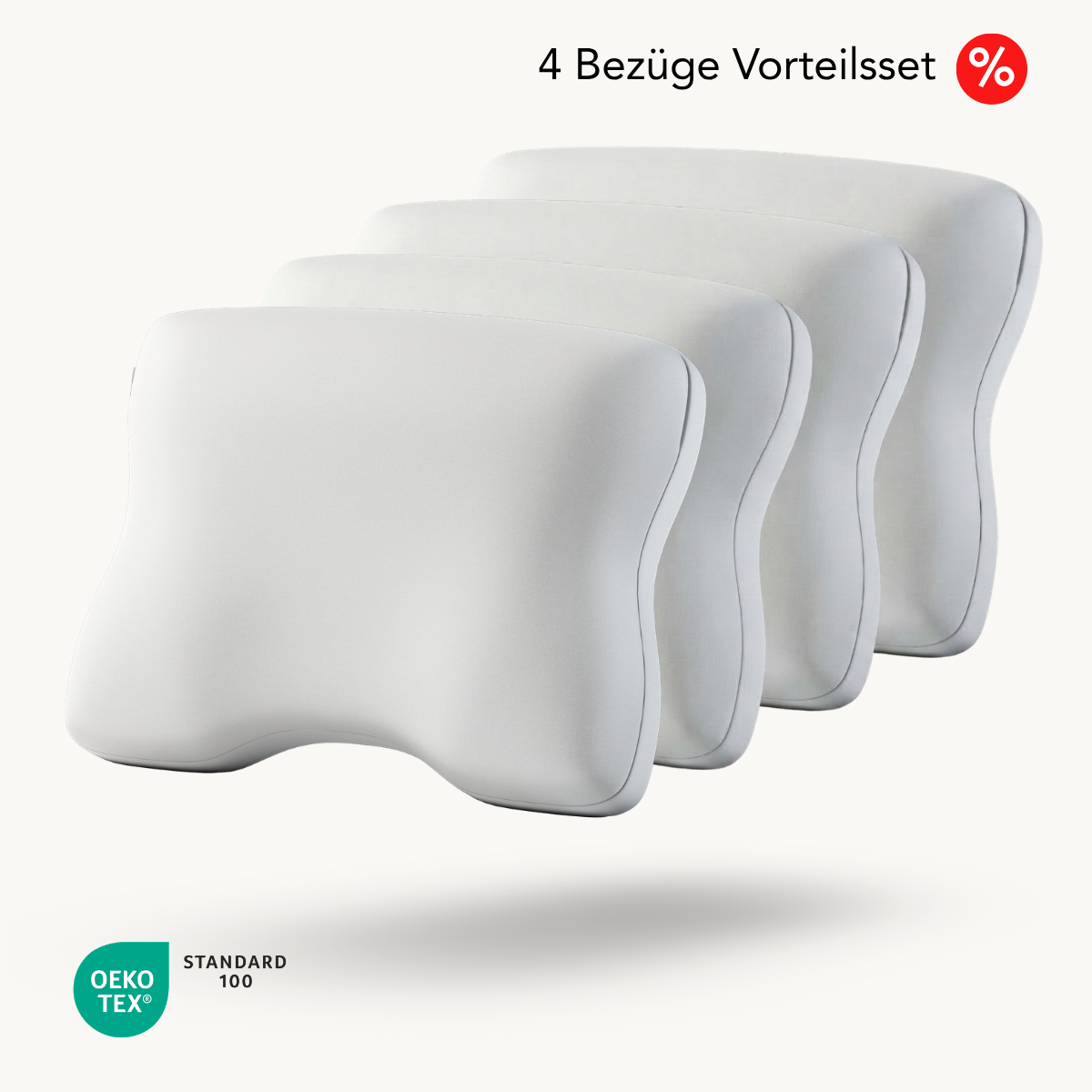 Auf weißem Hintergrund sind vier Premium-Baumwoll-Kissenbezüge von Liebscher & Bracht angeordnet. Der deutsche Text lautet „4 Bezüge Vorteilsset“ und ist mit einem roten Prozentzeichen versehen. Unten links ist das OEKO-TEX Standard 100-Logo abgebildet.