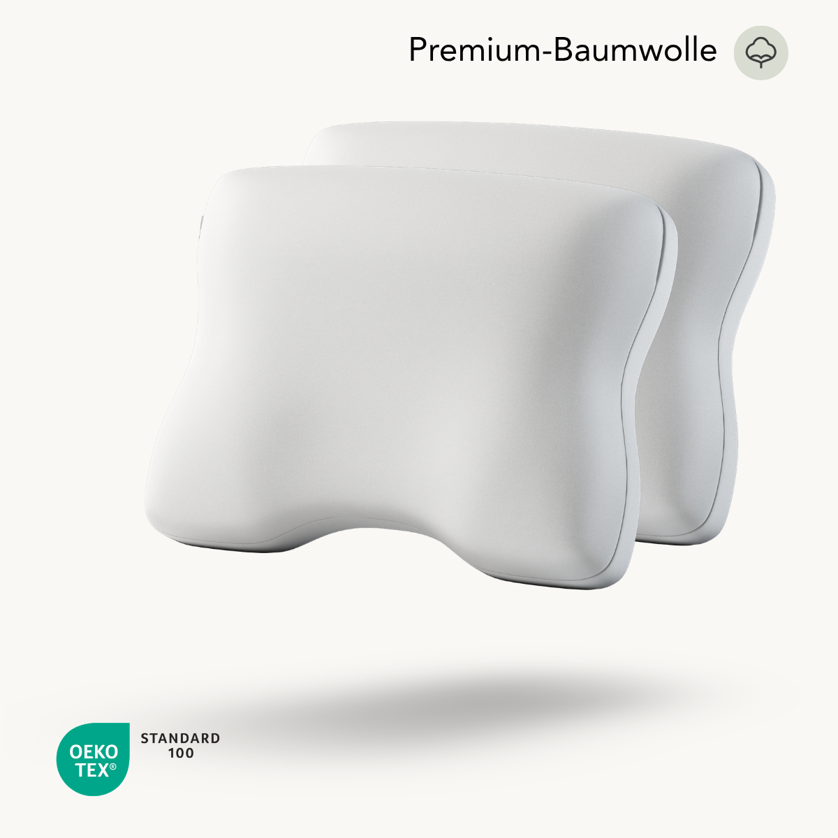 Zwei ergonomische weiße „Liebscher & Bracht“-Kissenbezüge aus Baumwolle im 2er-Pack sind auf weißem Hintergrund abgebildet; sie zeichnen sich durch ihre konturierte Form und hochwertige Baumwolle aus. In der Ecke ist das Logo der OEKO-TEX Standard 100-Zertifizierung zu sehen.