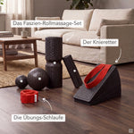 Ein Dein Knie-Paket-Set von Liebscher & Bracht, bestehend aus Faszienrollen, Massagebällen, einem geneigten Knieretter-Keil und einem Widerstandsband mit deutschen Etiketten.