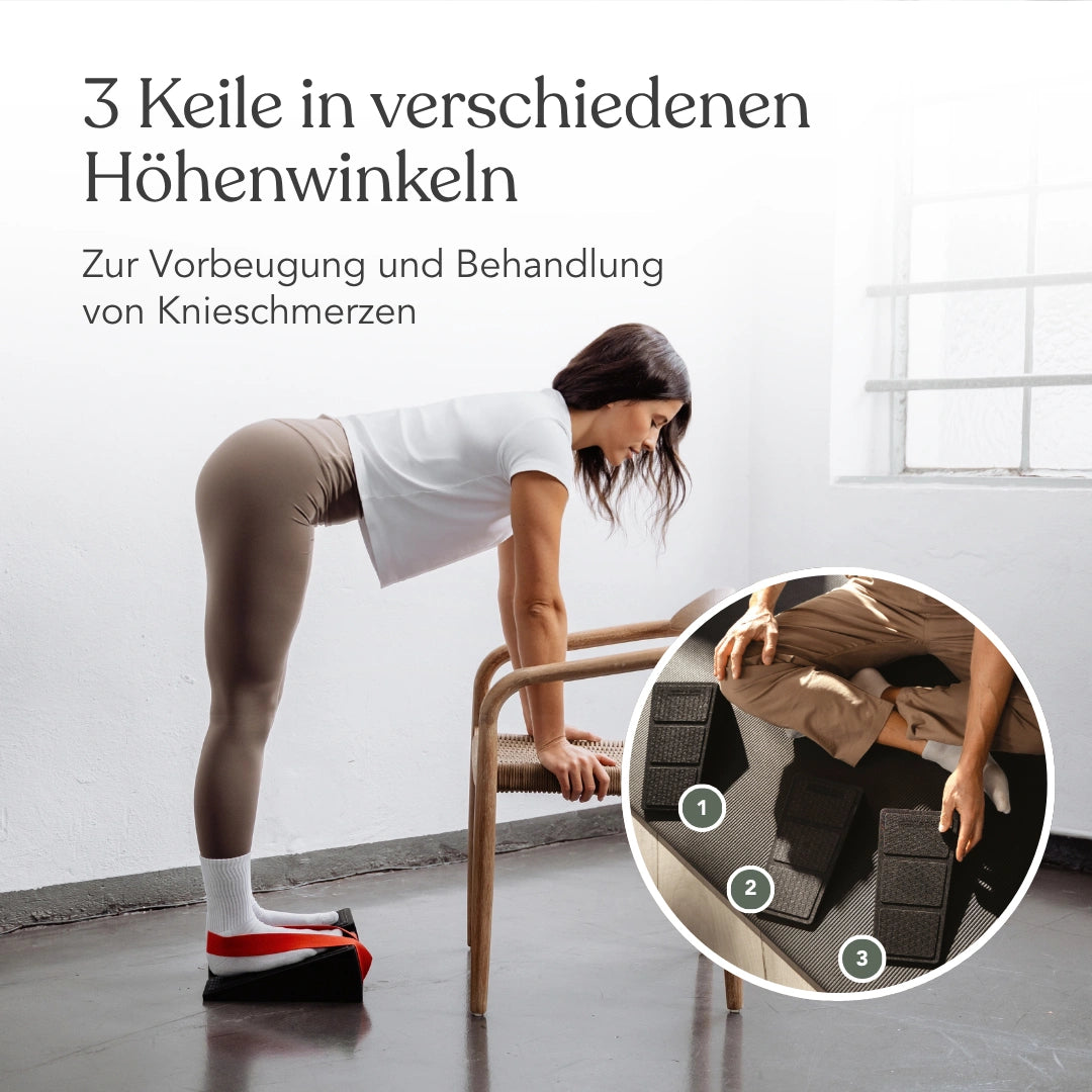 Eine Frau führt eine Beinstreckübung mit einem schrägen Knieretter-Keil aus dem Dein Knie-Paket von Liebscher & Bracht durch; in einer Einblendung sind drei nummerierte Keile unterschiedlicher Höhe zu sehen.