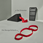 Das Liebscher & Bracht Knieretter-Set besteht aus einem schwarzen Knieretter-Kniekeil und einem aufrecht stehenden, rechteckigen Polster, vor dem eine rote Übungs-Schlaufe mit drei Schlaufen flach liegt.