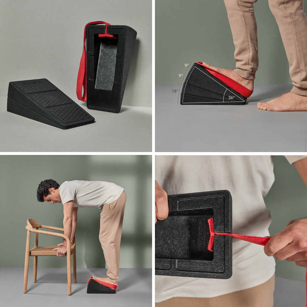 Eine Collage zeigt das Liebscher & Bracht Knieretter-Set: Knieretter + Übungs-Schlaufe, mit schwarzem Keilgerät und rotem Gurt zum Dehnen. Die Bilder zeigen verschiedene Dehnpositionen, einen verstellbaren Gurt und einen Mann, der das Set benutzt.