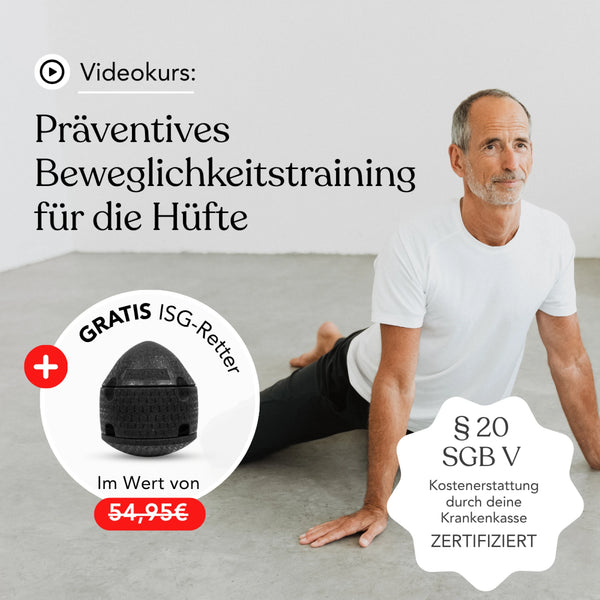 Ein Mann in Sportkleidung führt auf einer Yogamatte eine Hüftdehnung durch. Der Text wirbt für den Liebscher & Bracht-Videokurs „Präventives Beweglichkeitstraining für die Hüfte“, hebt ein kostenloses ISG-Retter-Tool hervor und erwähnt die Kostenerstattung durch die Krankenkasse sowie die Zertifizierung.