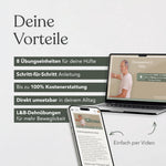 Eine Infografik auf Deutsch stellt die Vorteile des „Präventiven Beweglichkeitstrainings für die Hüfte“ von Liebscher & Bracht vor und zeigt dabei Bilder eines Laptops und eines Smartphones, auf denen entsprechende Videos und Inhalte zu sehen sind. Der Titel „Deine Vorteile“ hebt die Schritt-für-Schritt-Anleitung und die 100-prozentige Kostenübernahme hervor.