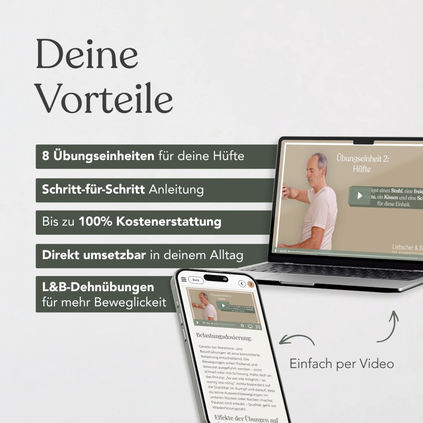 Eine Infografik auf Deutsch stellt die Vorteile des „Präventiven Beweglichkeitstrainings für die Hüfte“ von Liebscher & Bracht vor und zeigt dabei Bilder eines Laptops und eines Smartphones, auf denen entsprechende Videos und Inhalte zu sehen sind. Der Titel „Deine Vorteile“ hebt die Schritt-für-Schritt-Anleitung und die 100-prozentige Kostenübernahme hervor.