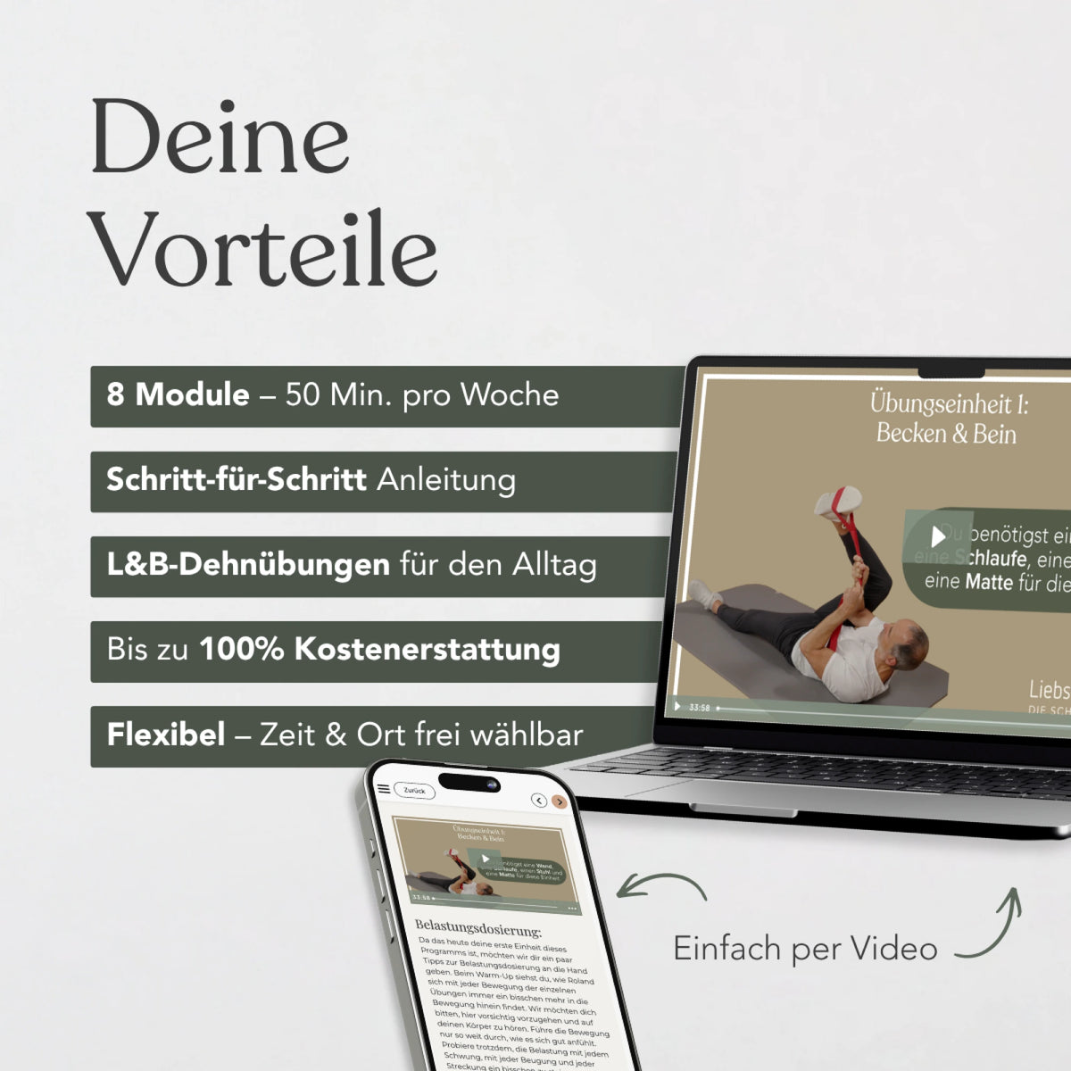Auf einem Laptop und einem Smartphone werden Übungsvideos zum Thema „Präventives Beweglichkeitstraining für die Knie“ von Liebscher & Bracht angezeigt. Der Text nennt folgende Vorteile: 8 Module, Schritt-für-Schritt-Anleitung, Dehnübungen, mögliche 100-prozentige Kostenerstattung sowie ein flexibler Zeitplan.