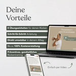Deutsche Anzeige mit einem Laptop und einem Smartphone, auf denen ein Video zu „Funktionelles Beweglichkeitstraining für den Rücken“ von Liebscher & Bracht zu sehen ist; der Text hebt 8 Trainingseinheiten, eine Schritt-für-Schritt-Anleitung, die Eignung für den Alltag, eine 100-prozentige Kostenerstattung sowie ein ganzheitliches, vorbeugendes Rückentraining zur Verbesserung der Bewegungskoordination und Körperhaltung mit Dehnübungen nach Liebscher & Bracht hervor.