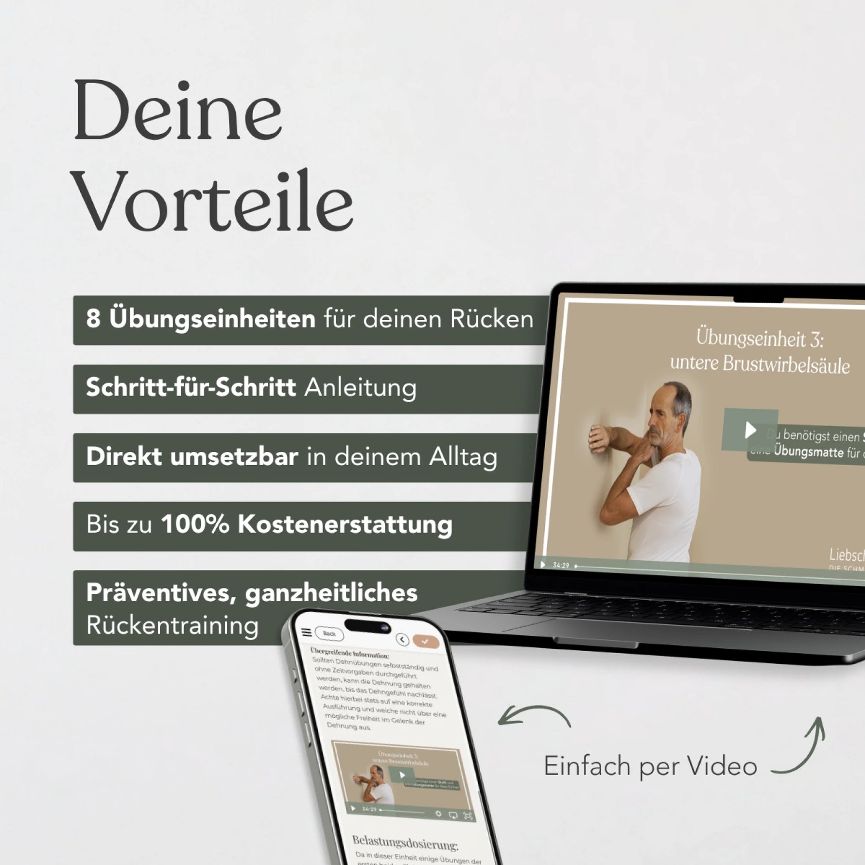 Deutsche Anzeige mit einem Laptop und einem Smartphone, auf denen ein Video zu „Funktionelles Beweglichkeitstraining für den Rücken“ von Liebscher & Bracht zu sehen ist; der Text hebt 8 Trainingseinheiten, eine Schritt-für-Schritt-Anleitung, die Eignung für den Alltag, eine 100-prozentige Kostenerstattung sowie ein ganzheitliches, vorbeugendes Rückentraining zur Verbesserung der Bewegungskoordination und Körperhaltung mit Dehnübungen nach Liebscher & Bracht hervor.