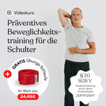 Ein Mann in einem hellgrauen Hemd streckt den Arm hinter den Kopf. Der Text wirbt für den Videokurs „Funktionelles Beweglichkeitstraining für die Schulter“ von Liebscher & Bracht, der Dehnübungen, ein kostenloses Trainingsband und die Möglichkeit einer Kostenerstattung durch die Krankenkasse umfasst.