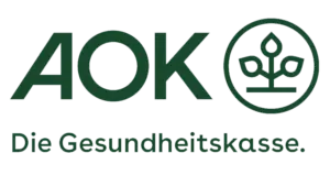 AOK-Logo in Grün mit einem stilisierten Pflanzensymbol in einem Kreis und dem Text Die Gesundheitskasse. darunter.
