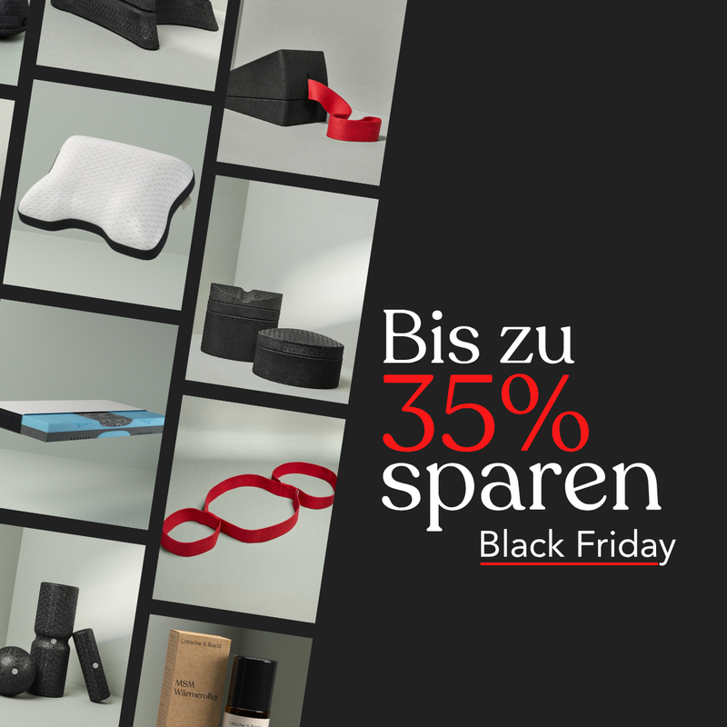 Links ein Raster von Produktfotos, darunter Kissen, Boxen und Hautpflegeartikel. Auf der rechten Seite steht der deutsche Text: Bis zu 35% sparen, Black Friday auf schwarzem Hintergrund.