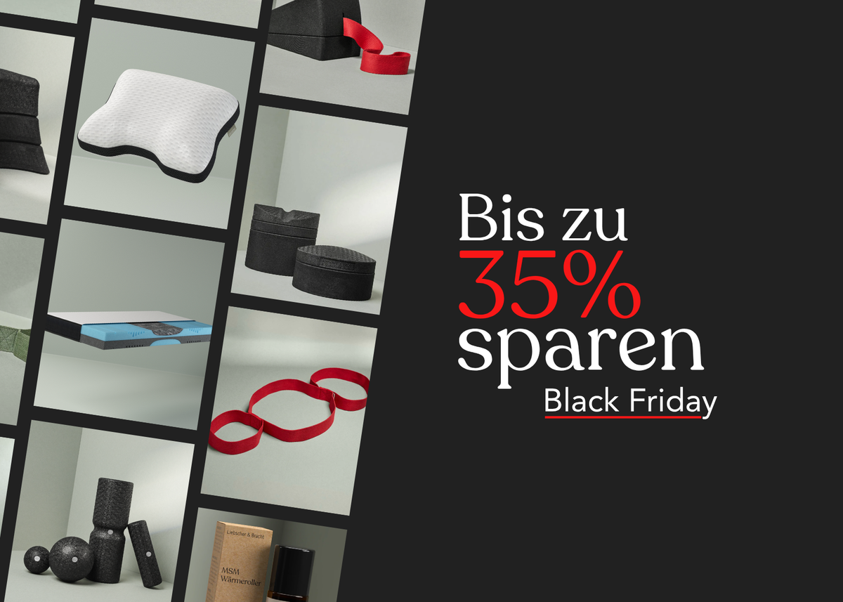 Raster von Wellness- und Fitnessprodukten auf der linken Seite, darunter Kissen, Rollen und Bänder. Auf der rechten Seite steht der deutsche Text: Bis zu 35% sparen. Schwarzer Freitag auf schwarzem Hintergrund mit roten und weißen Akzenten.