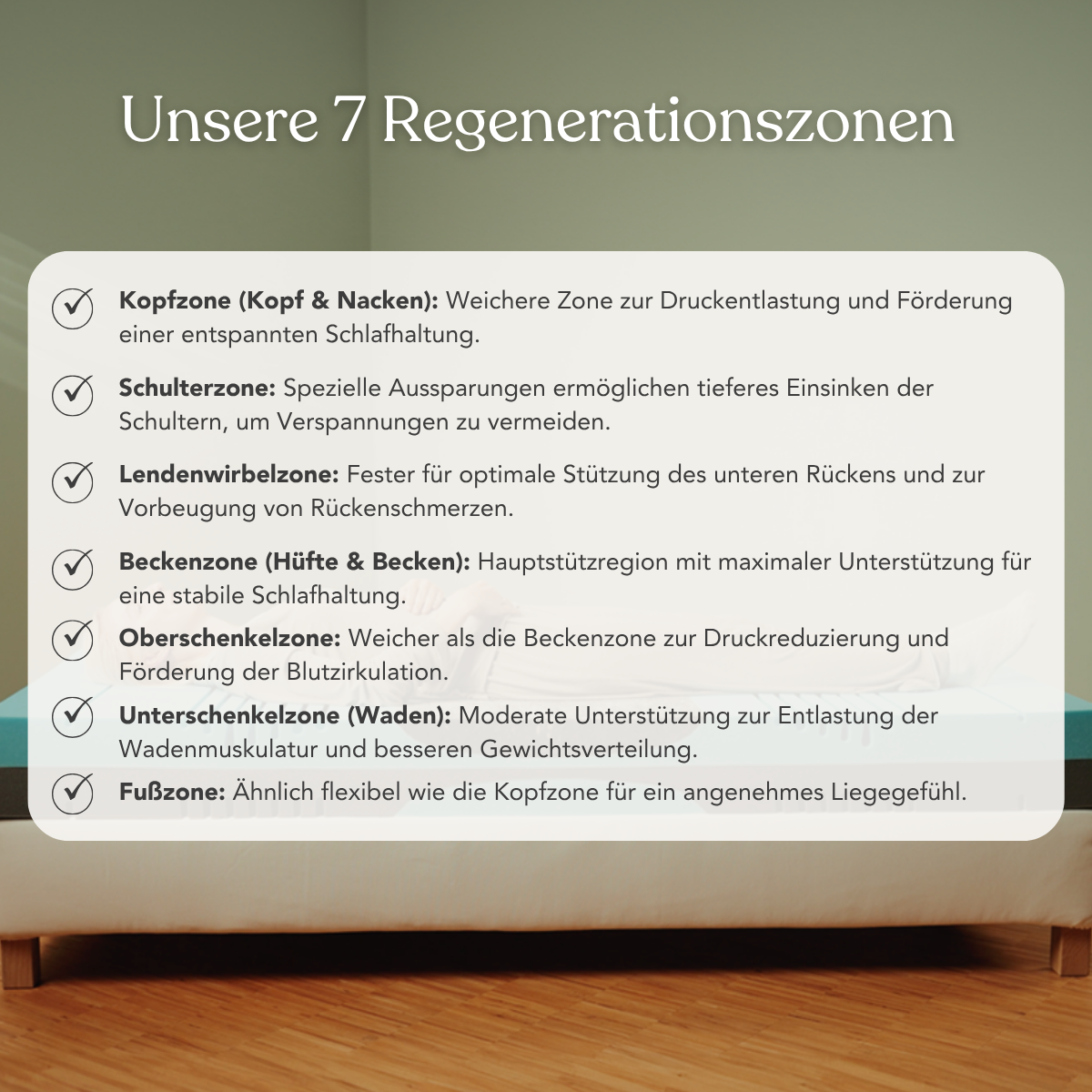 Die Infografik veranschaulicht die 7 ergonomischen Stützbereiche der wendbaren Matratze von Liebscher & Bracht – für optimalen Komfort von Kopf bis Fuß, passend zum Härtegrad H3/H4.