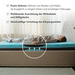 Eine Person liegt auf einer blauen, beidseitig nutzbaren Matratze von Liebscher & Bracht, die über eine kreisförmige Aussparung verfügt, welche die Druckverteilung verdeutlicht; daneben ist eine Liste mit Vorteilen für Rücken, Hüften und Wirbelsäule aufgeführt.