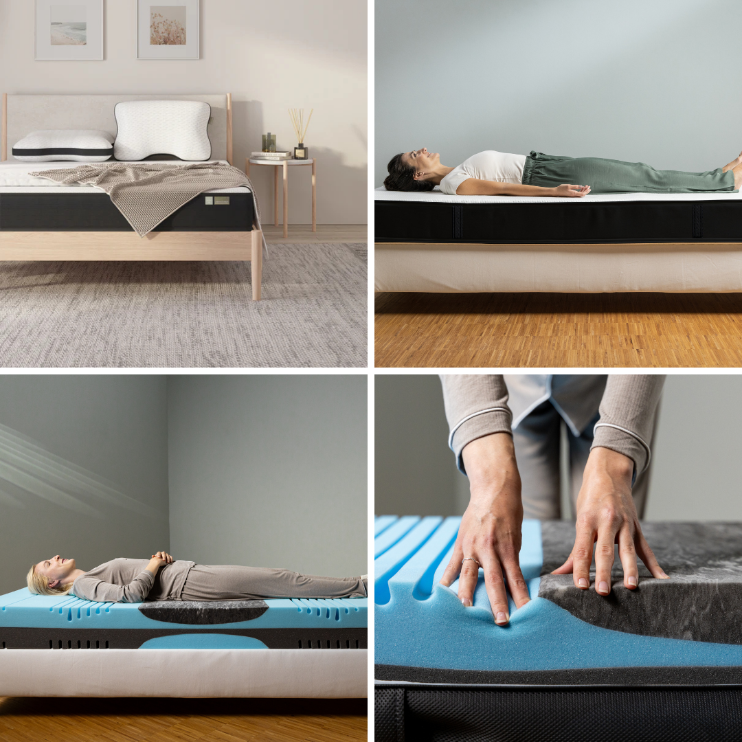 Eine Collage aus vier Bildern, die das Liebscher & Bracht Schlafset zeigen: Matratze + Kissen - in einem modernen Schlafzimmer, mit Benutzern, die verschiedene Matratzen testen, und Händen, die sich in die Memory-Schaum-Oberfläche drücken.