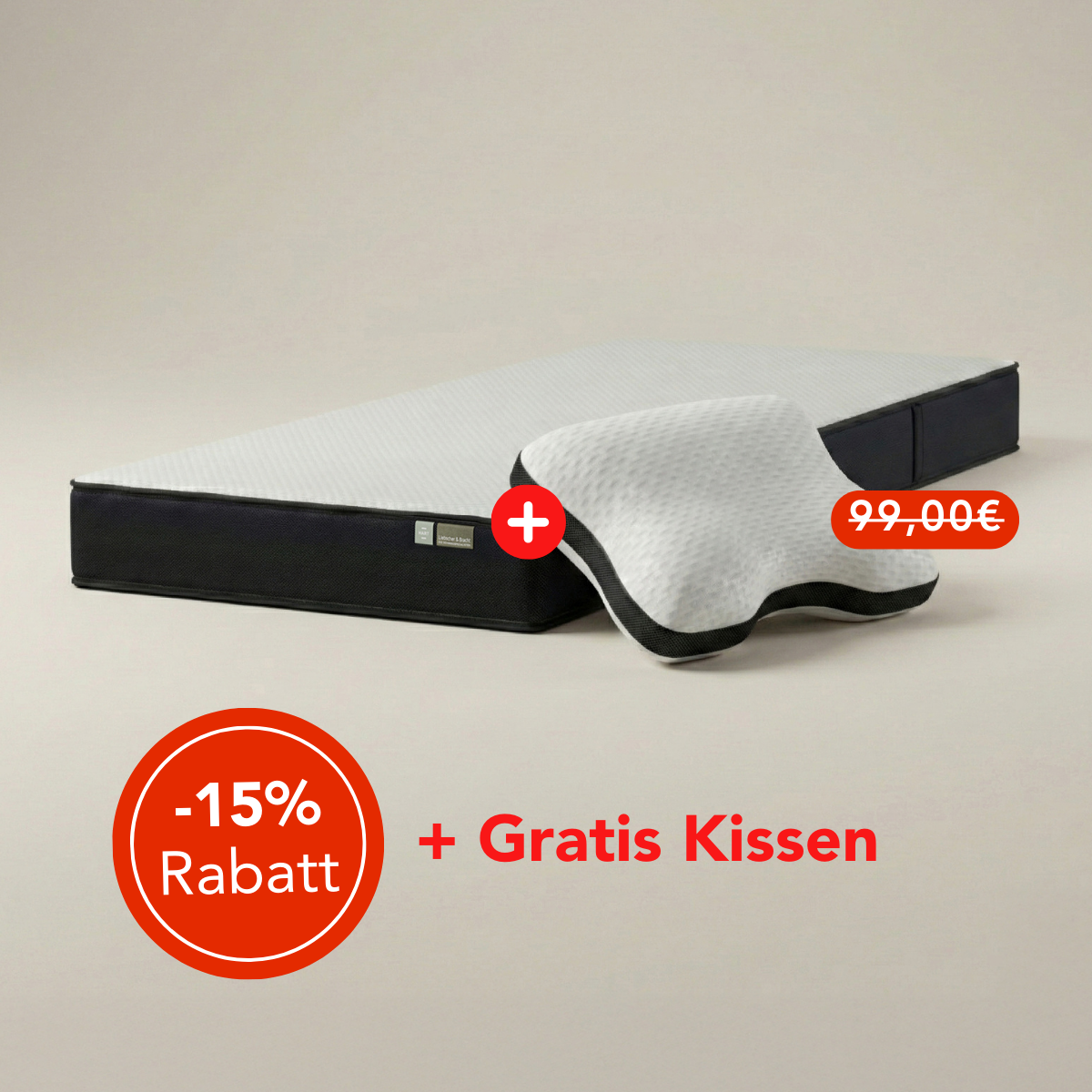 Abgebildet ist die Liebscher & Bracht Matratze und ein ergonomisches Kissen (Wert: 99,00 €). Ein roter Kreis zeigt -15% Rabatt, darunter steht "+ Gratis Kissen" - alles auf neutralem Hintergrund.