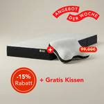 Die Liebscher & Bracht Matratze, wendbar mit ergonomischer Stützregion und Härtegrad H3/H4, dazu ein Gratis-Kissen. Angebot der Woche: -15% Rabatt, 99 € (durchgestrichen), rotes Label auf hellem Hintergrund.