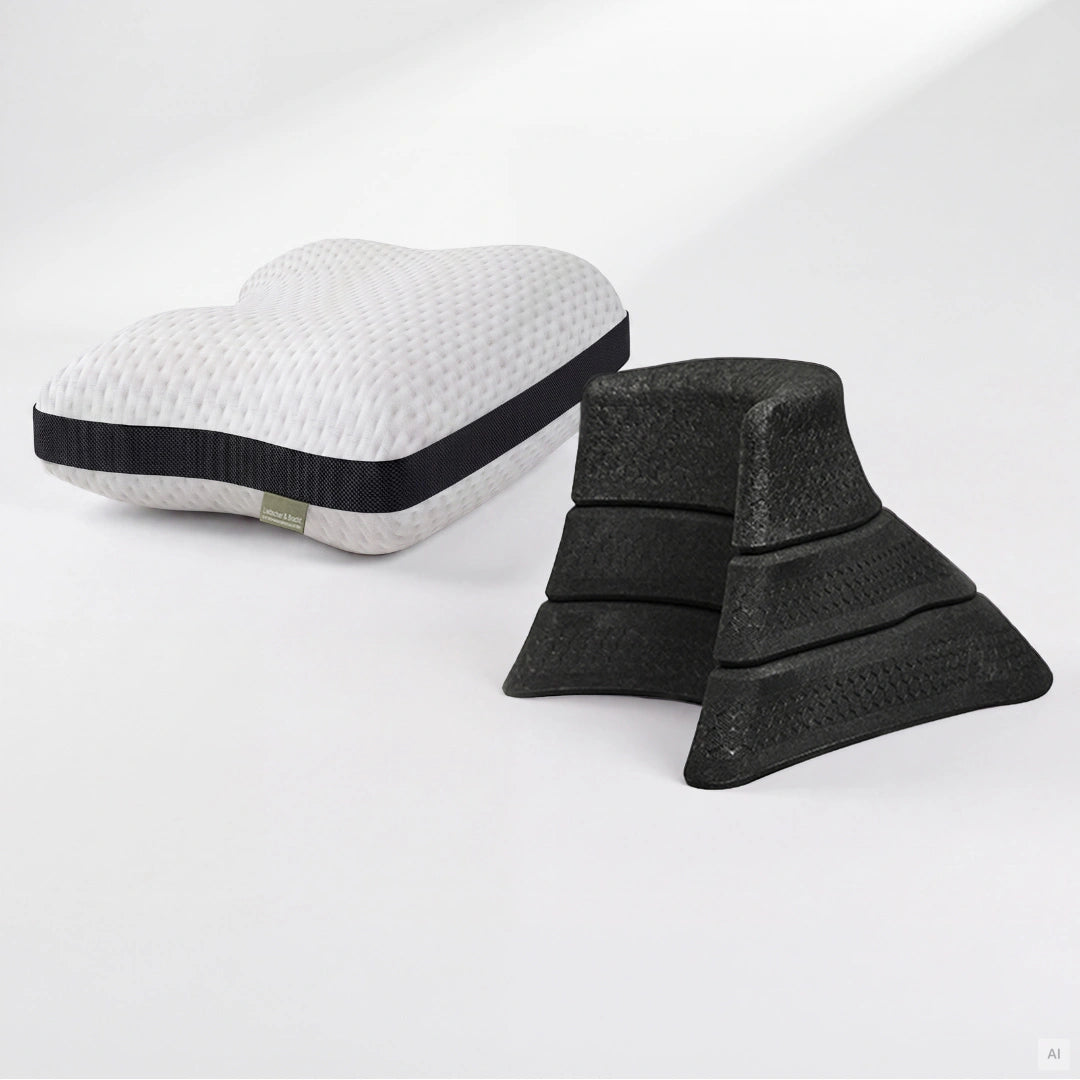 Ein Kissen + Nackenretter-Set von Liebscher & Bracht, bestehend aus einem weißen, ergonomischen Kissen mit schwarzem Seitenteil sowie einem schwarzen, abgestuften Nackenstreckgerät.
