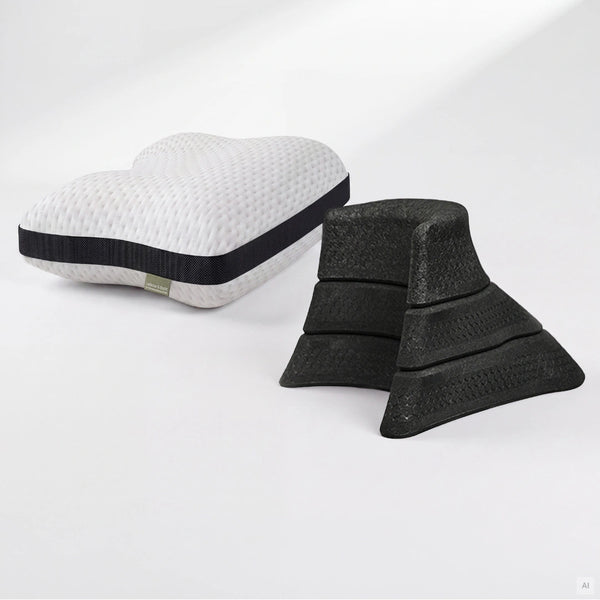 Ein Kissen + Nackenretter-Set von Liebscher & Bracht, bestehend aus einem weißen, ergonomischen Kissen mit schwarzem Seitenteil sowie einem schwarzen, abgestuften Nackenstreckgerät.