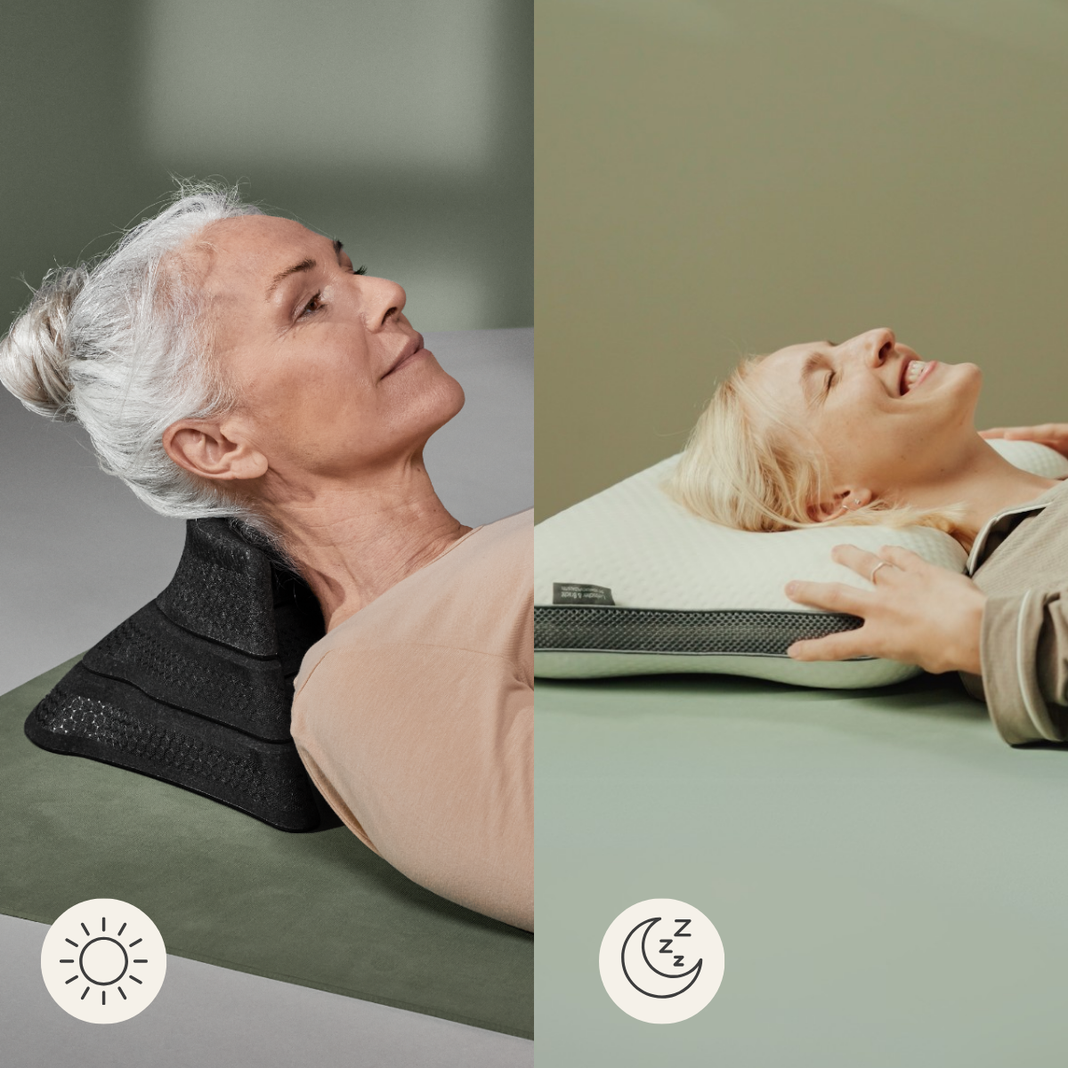 Geteiltes Bild: Links benutzt eine ältere Frau mit grauem Haar das Liebscher & Bracht Dein Nacken-Rücken-Paket; rechts lächelt eine blonde Frau auf einer Matratze. Sonnen- und Mondsymbole zeigen die Verwendung bei Tag und Nacht an.