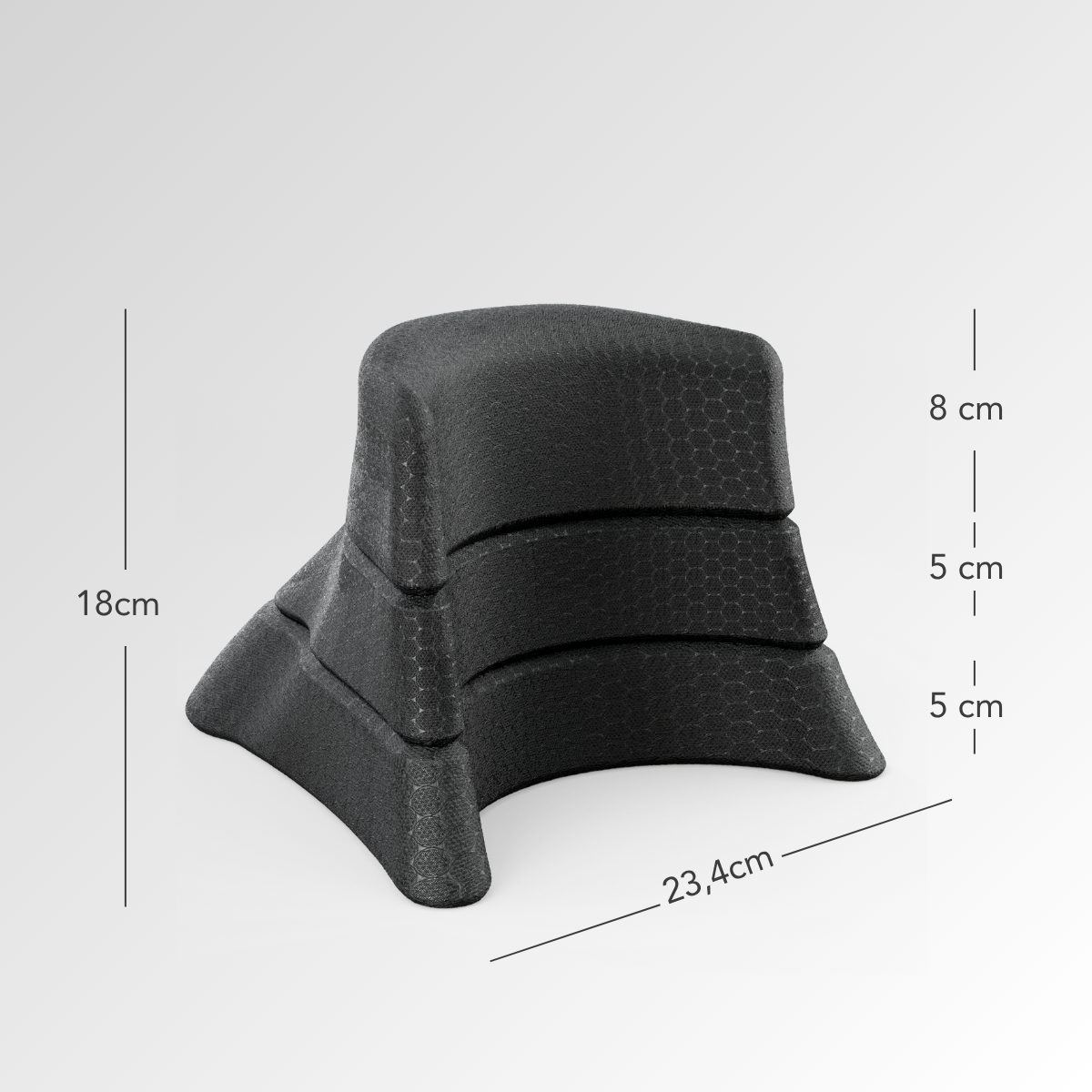 Der Nackenretter von Liebscher & Bracht: Drei schwarze, strukturierte Schaumstoffblöcke (Gesamthöhe 18 cm, Breite an der Basis 23,4 cm) – ideal für Übungen gegen Nackenschmerzen. Dargestellt auf hellgrauem Hintergrund.