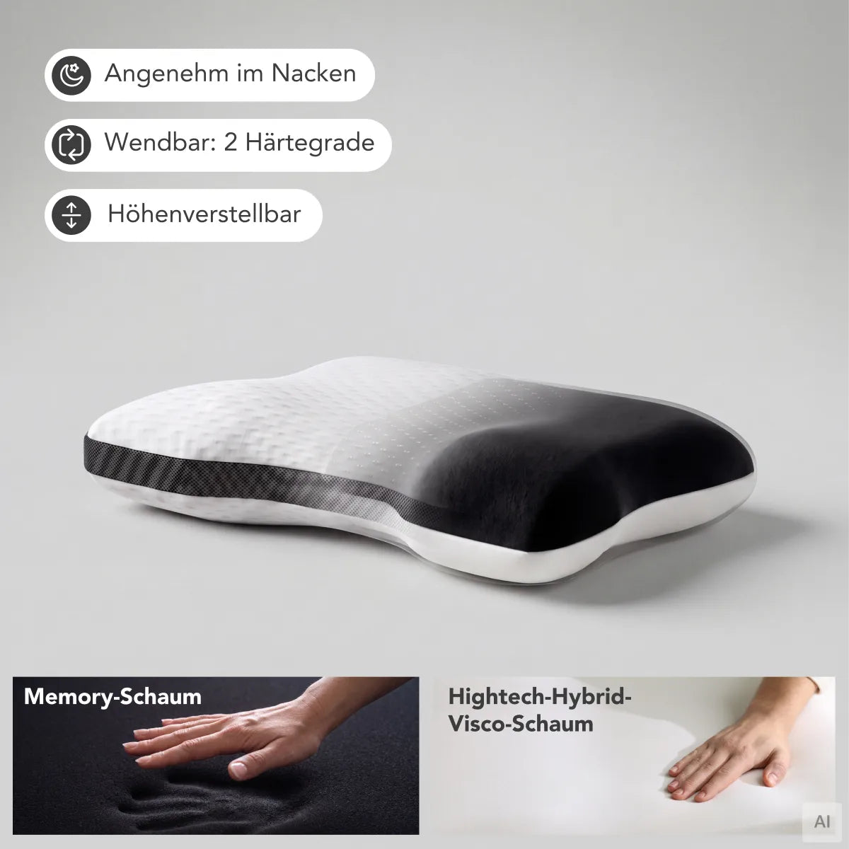 Liebscher & Bracht-Kissen mit Symbolen für Nackenkomfort, beidseitig nutzbare Festigkeit und höhenverstellbare Ausführung, abgebildet mit Händen, die in Memory-Schaum und Hybrid-Visko-Schaum eindrücken, um verschiedene Schlafpositionen zu veranschaulichen.